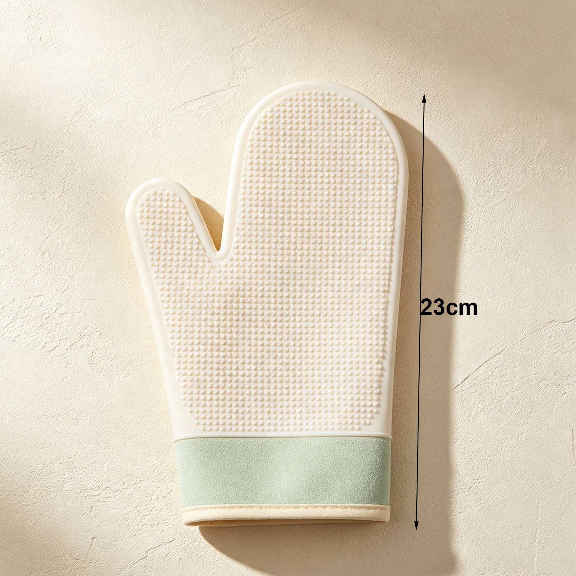 Silicone heat-resistant gloves set of 3 pairs displayed on kitchen counter