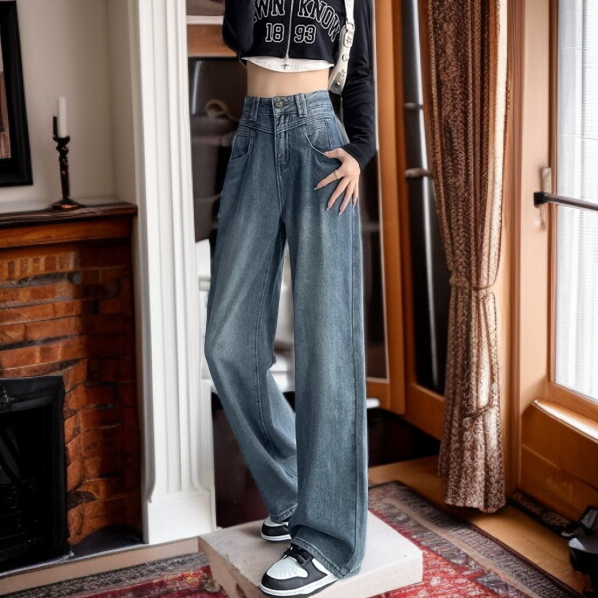하이웨스트 슬림 와이드 팬츠 일자핏 데님 팬츠 여자 별 와이드 팬츠
