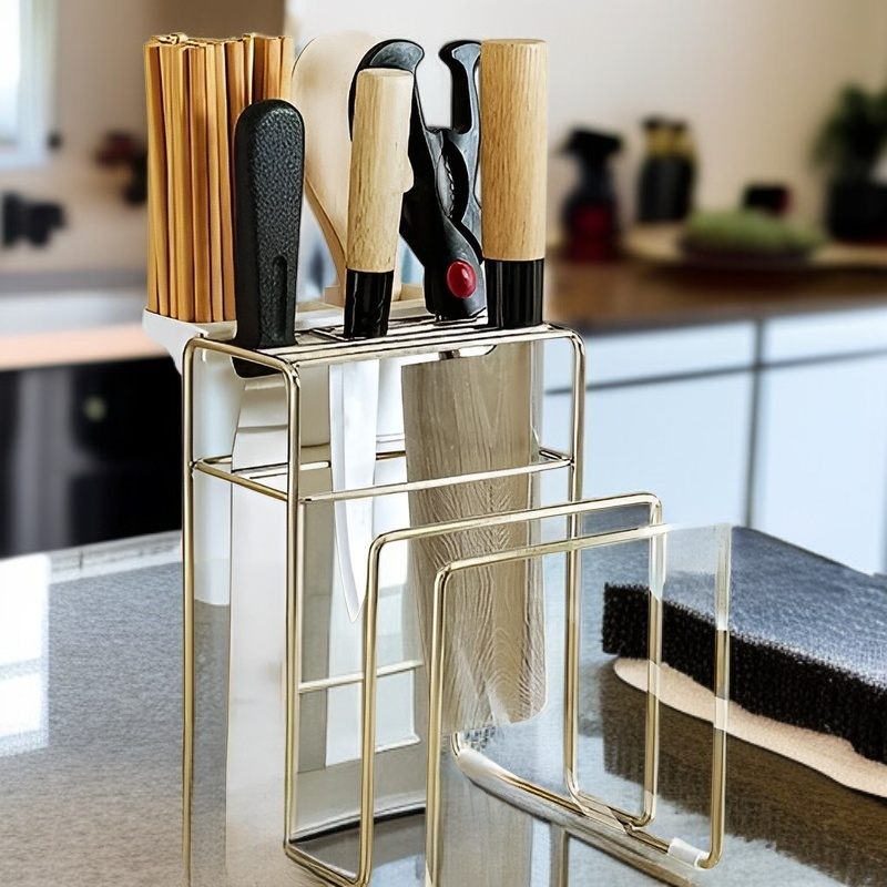 رف تخزين سكاكين متعدد الوظائف من الستانلس ستيل 304 مع حامل عيدان للطعام ورف تقطيع للمطبخ