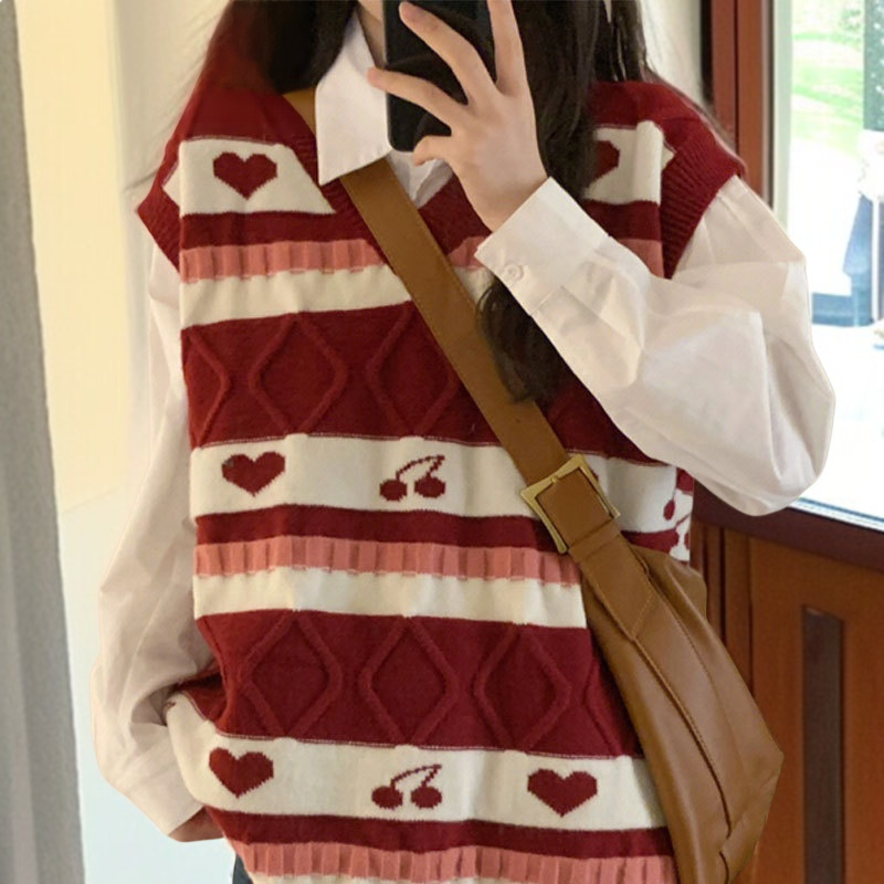 女子学生ニット・ジャンパー ストライプVネックセーター チェリー・ジャカード・クラッシング・セーター 女性学生ニットベストセーター