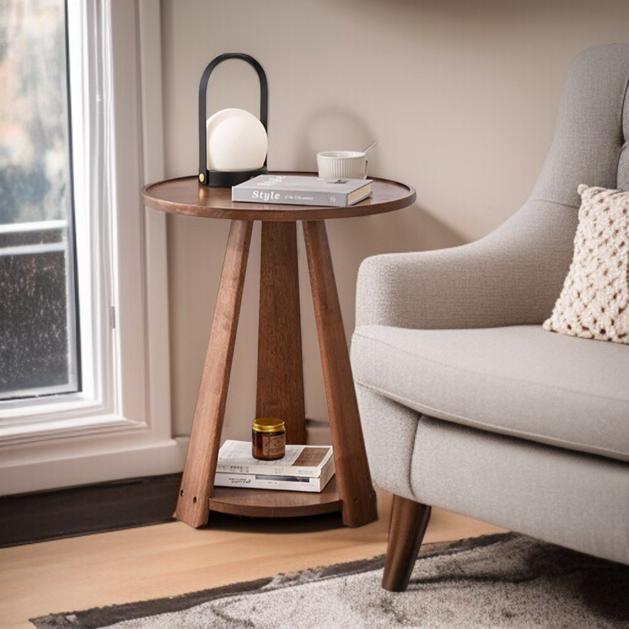 Nordic simple sofa side table home living room double layer small round table solid wood coffee tabl