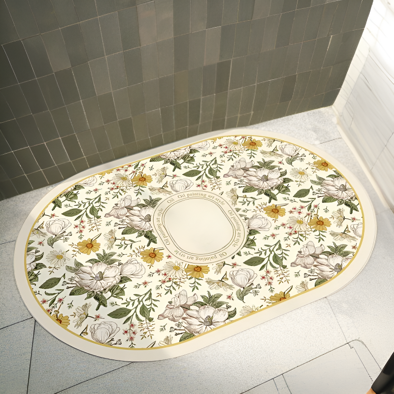 Quick Dry Diatomaceous Earth Non-slip Mat Floral Kitchen Bathroom Dual Use Washable Oval