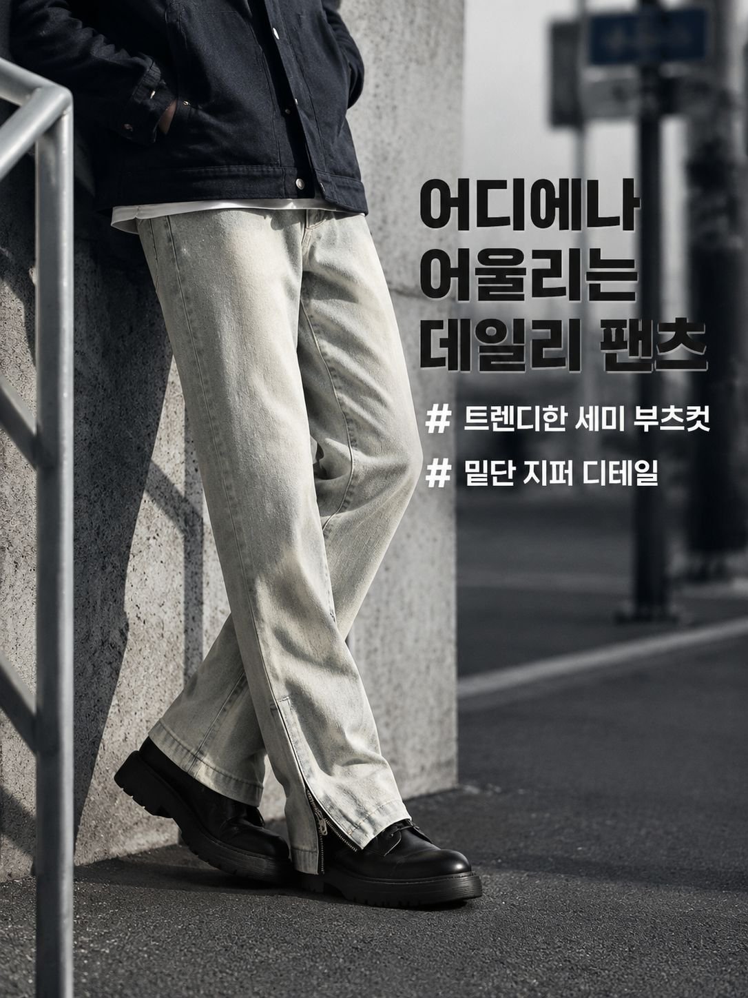남자 일자핏 청바지 부츠컷 지퍼 트임 워싱 데님 팬츠