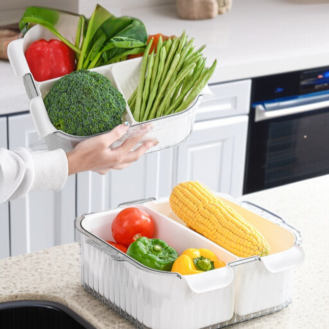 Home Kitchen Doppellagige Obst und Gemüsewaschschüssel Kompartimentierte Abtropfkorbplatte Gemüsekor