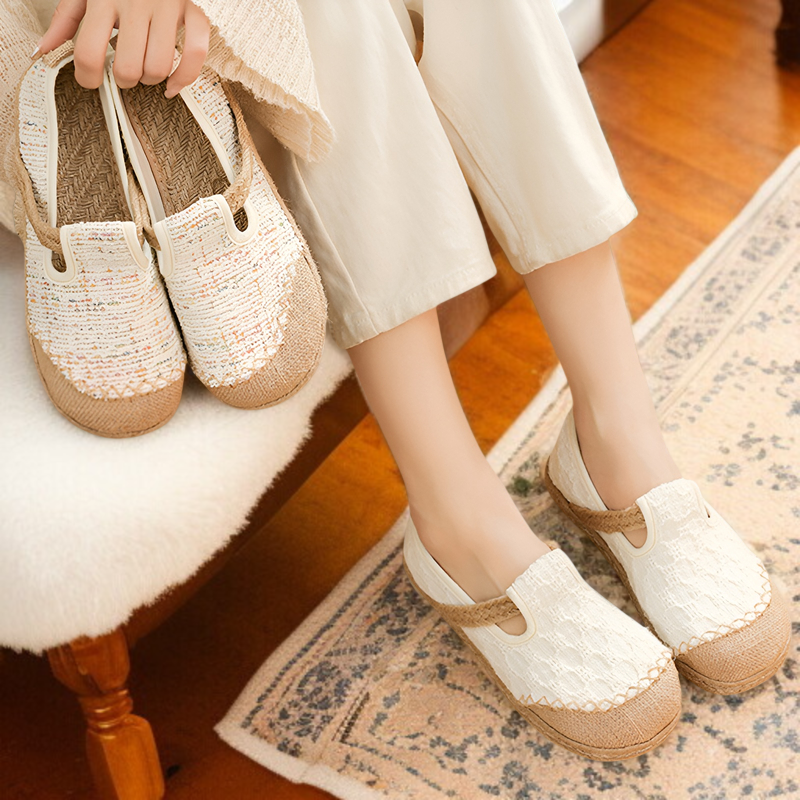 2025新型シャネル風綿麻婦人布靴浅口ワンステップ老北京布靴ウェッジヒール麻靴カジュアルシューズ