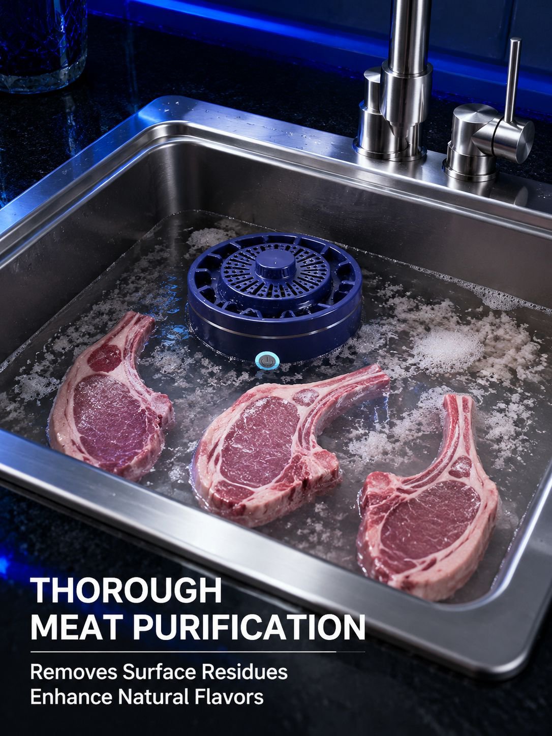 Portable ultrasonic food purifier for home kitchens