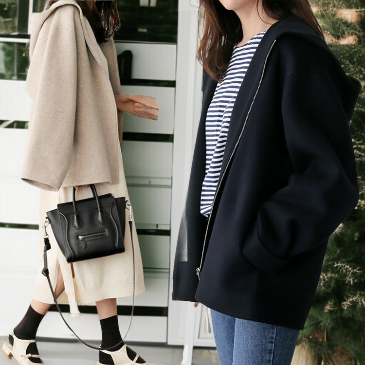 여성 숏 니트 후드 도톰 코트 캐주얼 모직 쁘띠 솔리드 루즈핏 니트 코트