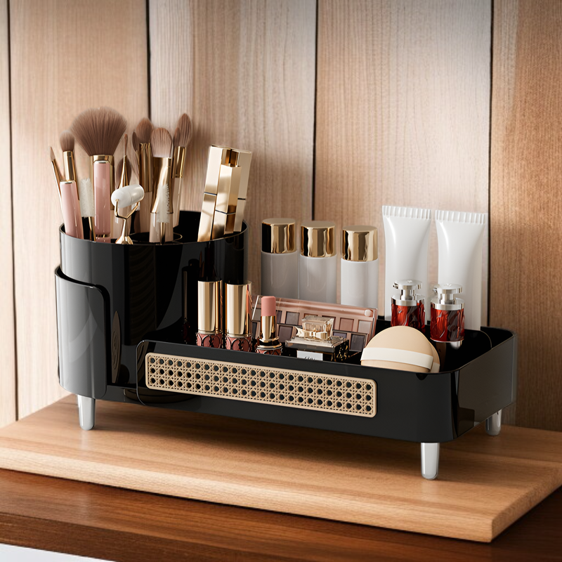 化粧品収納ボックス、ハイエンドデスクトップ、回転可能なグリッドペンホルダー、ドレッシングテーブル、大容量、多機能メイクボックス