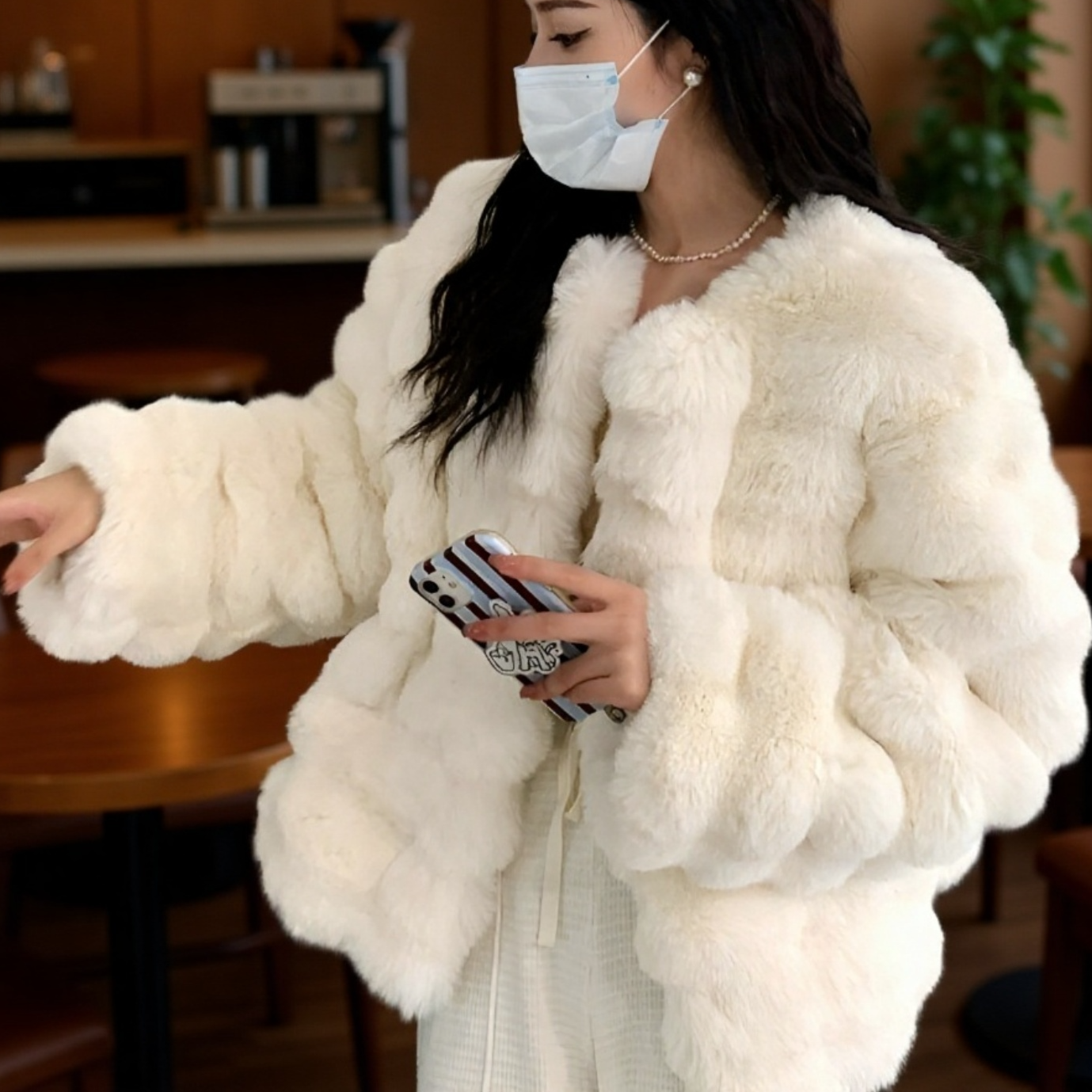 Téli környezetbarát nyúlprém rövid kabát, koreai stílusú, elegáns báránygyapjú női ruházat, vastag