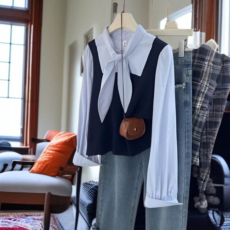 루즈핏 스트링 니트 베스트 패션 가짜 긴팔 셔츠 감령 루즈핏 스트링 긴팔 셔츠