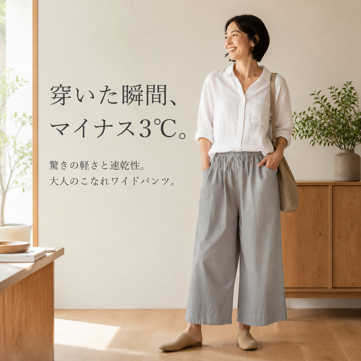 レディース夏ワイド速乾九分丈パンツ 日系シンプルカジュアル