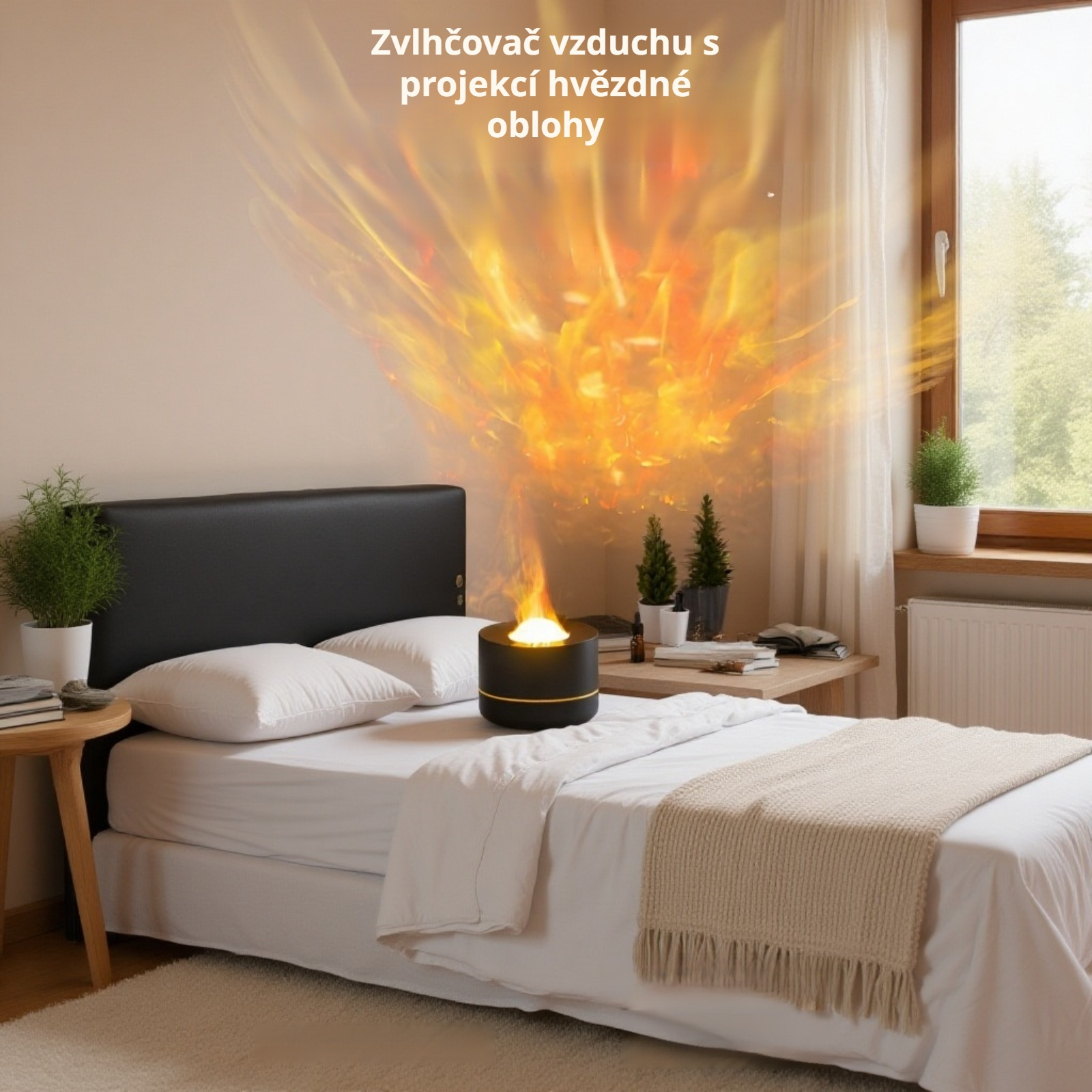 Hvězdná projekční aroma difuzér na stole v moderním interiéru