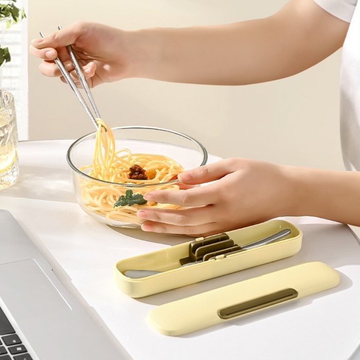 上班族便攜式不鏽鋼餐具盒，廚房家用筷子勺子收納盒（帶蓋）