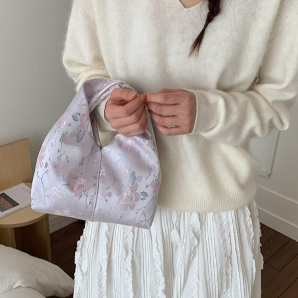 レディース和装ねじりハンドバッグ 小花柄刺繍普段着物浴衣用バッグ