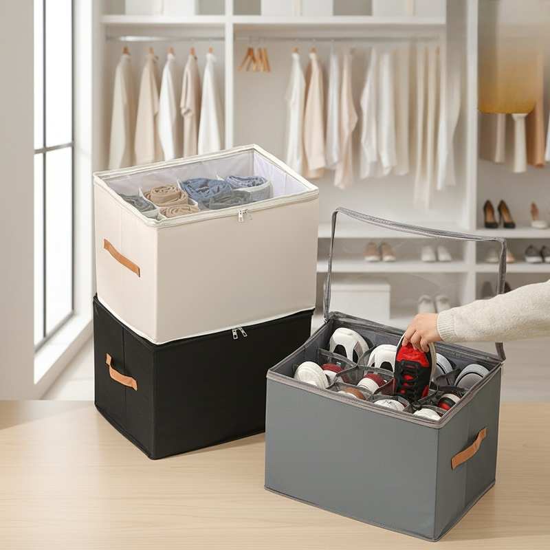 접이식 방진 방습 칸막이 패브릭 신발 수납 뚜껑 포함 잡동사니 정리함