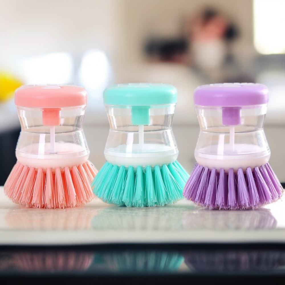 Juego de 3 cepillos automáticos para lavar platos con detergente, colores rosa