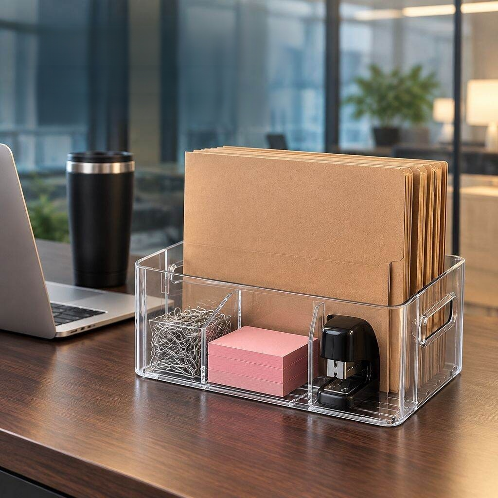 Caja de almacenamiento transparente en espacio de oficina profesional