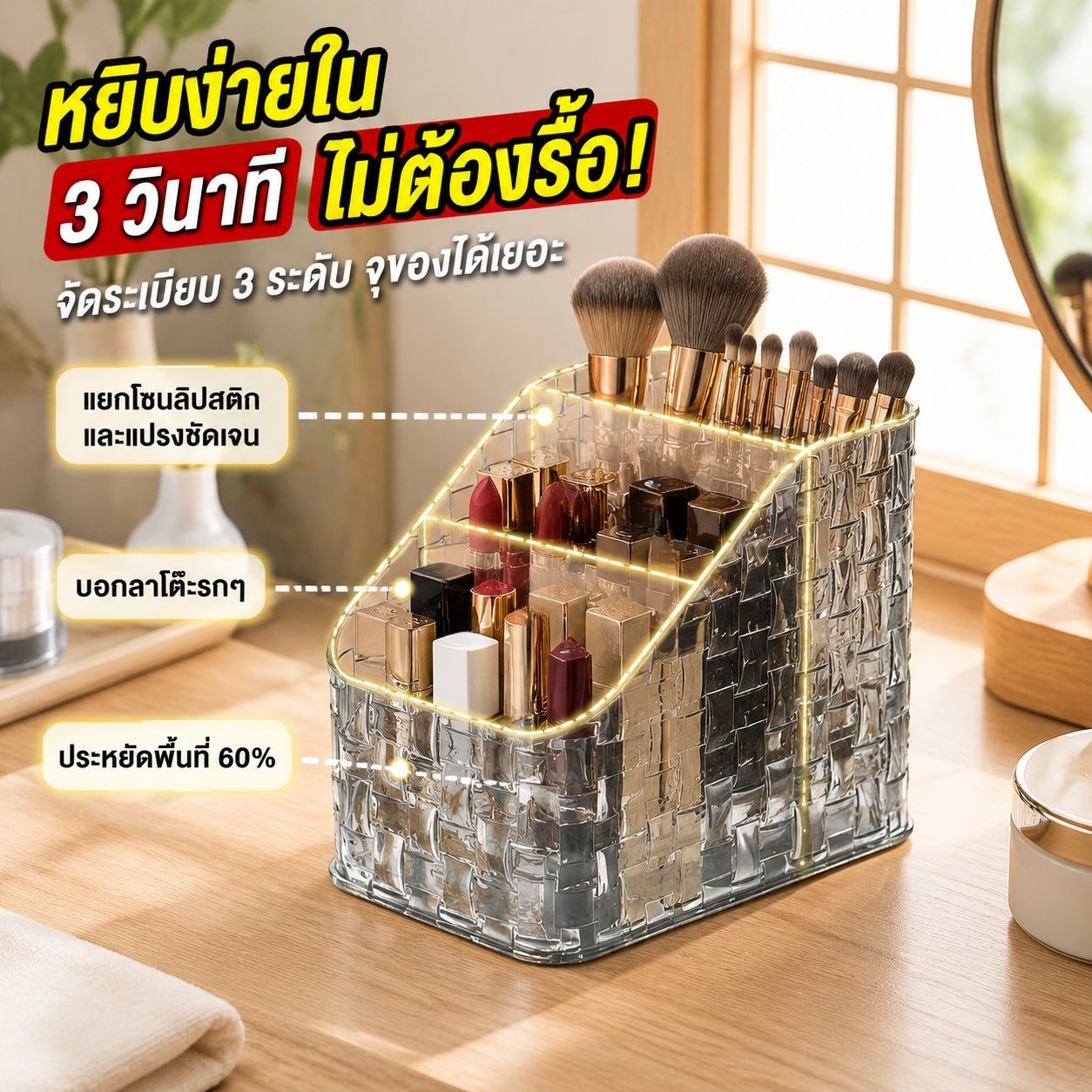 กล่องเก็บเครื่องสำอางโปร่งใสลายหวายสุดหรู ชั้นวางแบ่งช่องบนโต๊ะ