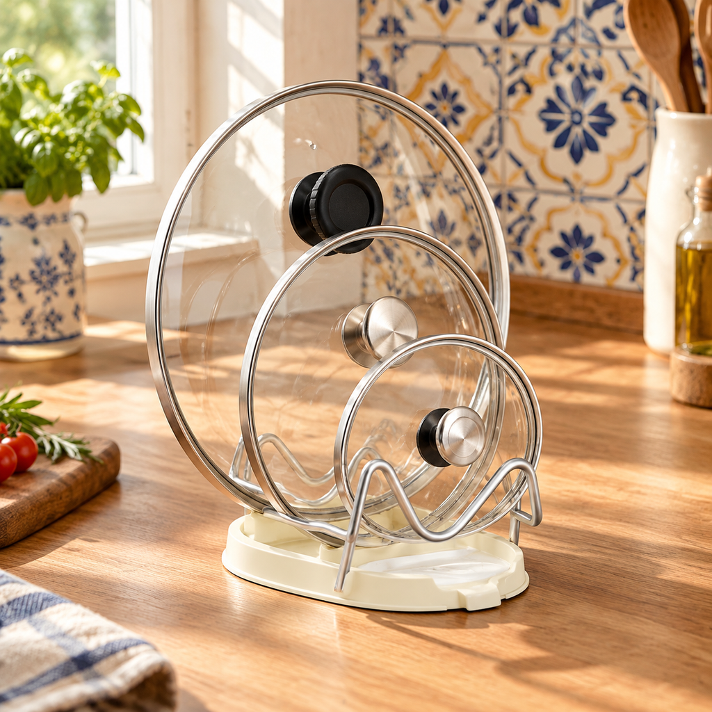 Soporte multifuncional para tapas de ollas en cocina