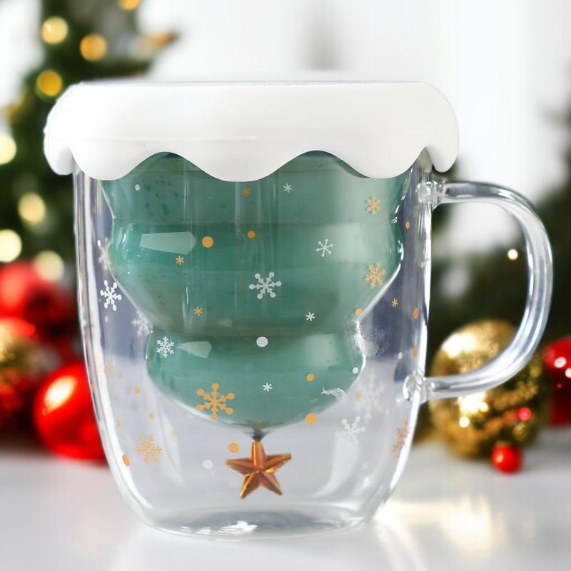 Doppelwandiges Glas mit rotem Henkel, Weihnachtsbecher 2025