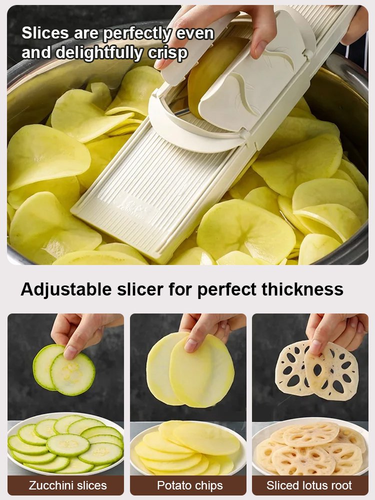 Essential kitchen tool: hand-safe vegetable slicer and shredder.