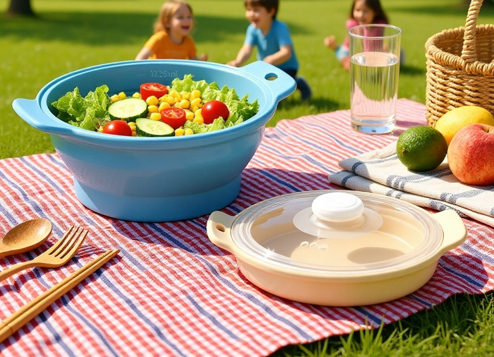 캠핑장에서 사용 중인 휴대용 실리콘 냄비