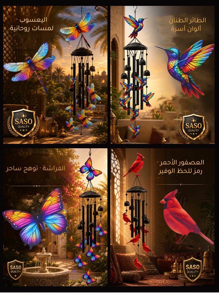 واحة ملكية فاخرة - أجراس الرياح الملونة بتصميم "طائر الطنان" للاستشفاء بالصوت بتردد 432 هرتز