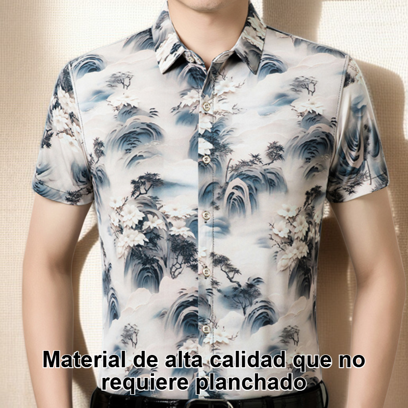 Camisa floral de manga corta de seda helada, no requiere planchado.
