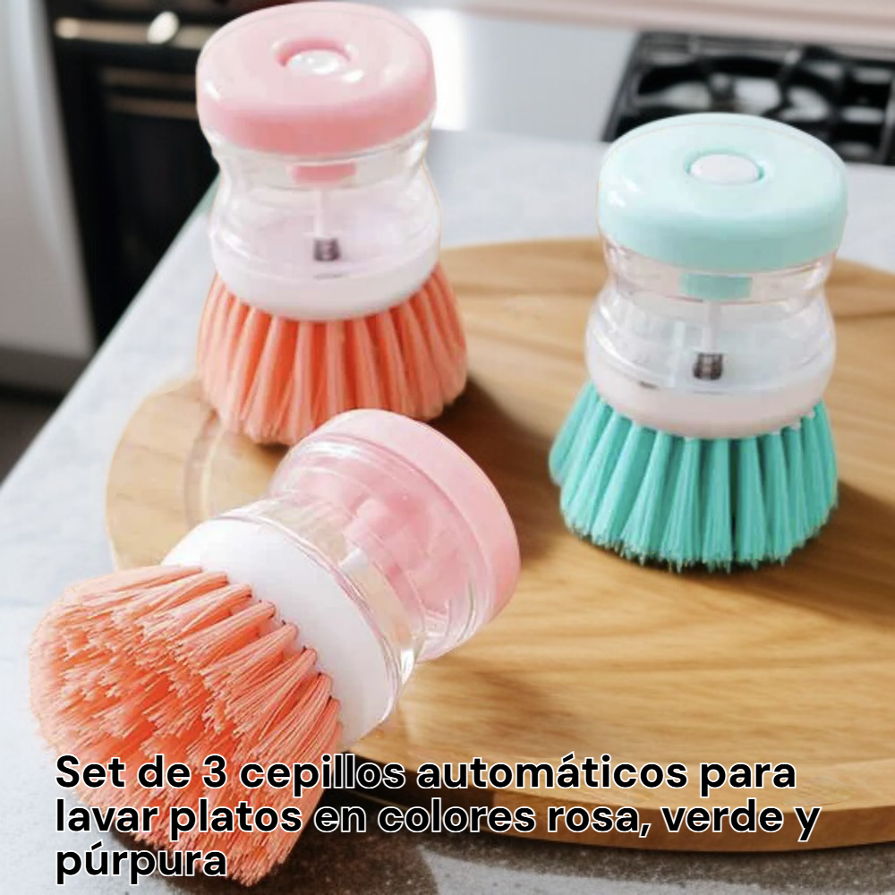 Juego de 3 cepillos automáticos para lavar platos con detergente, colores rosa
