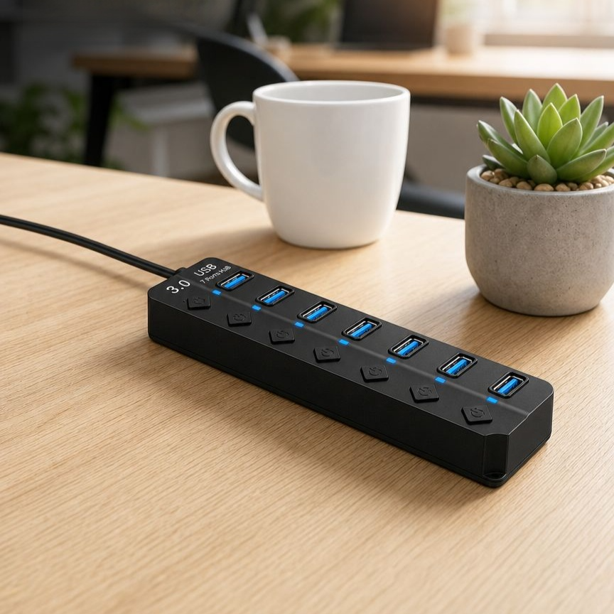 Divisor USB de cuatro puertos con interruptor y extensor para computadora