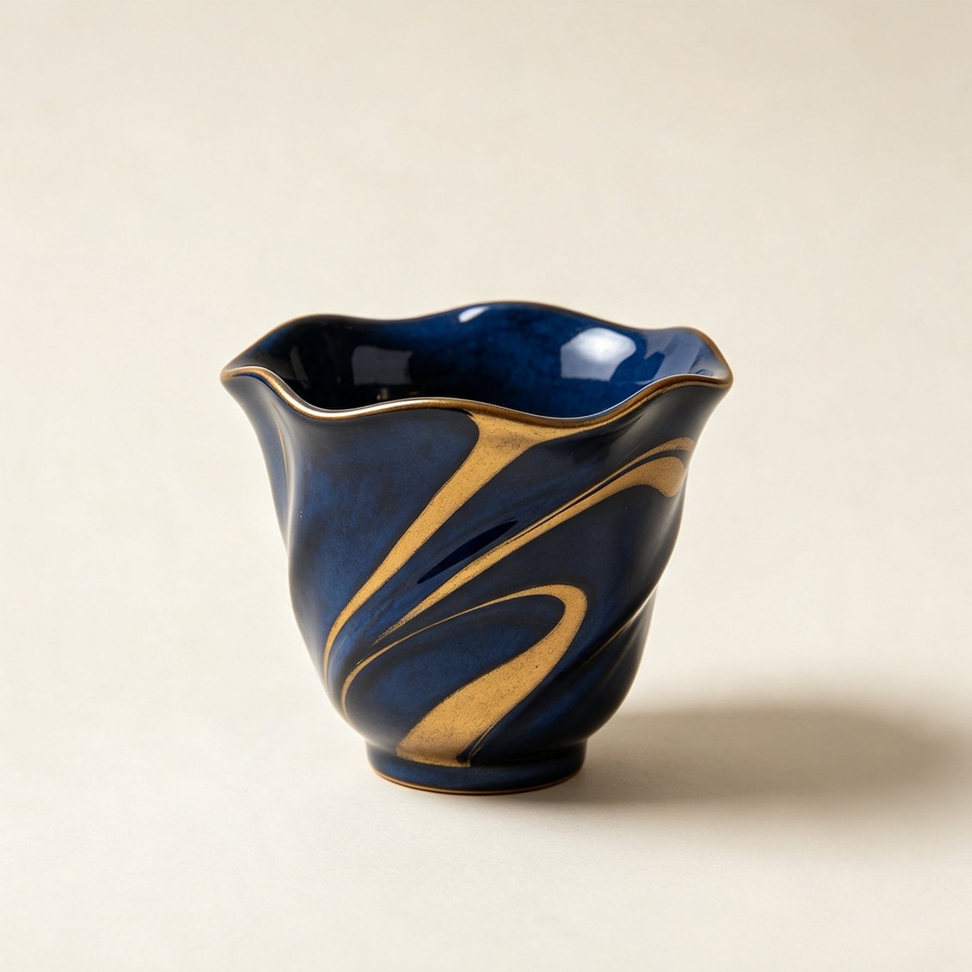 Blue-glazed gilt ceramic flower-shaped cup front view