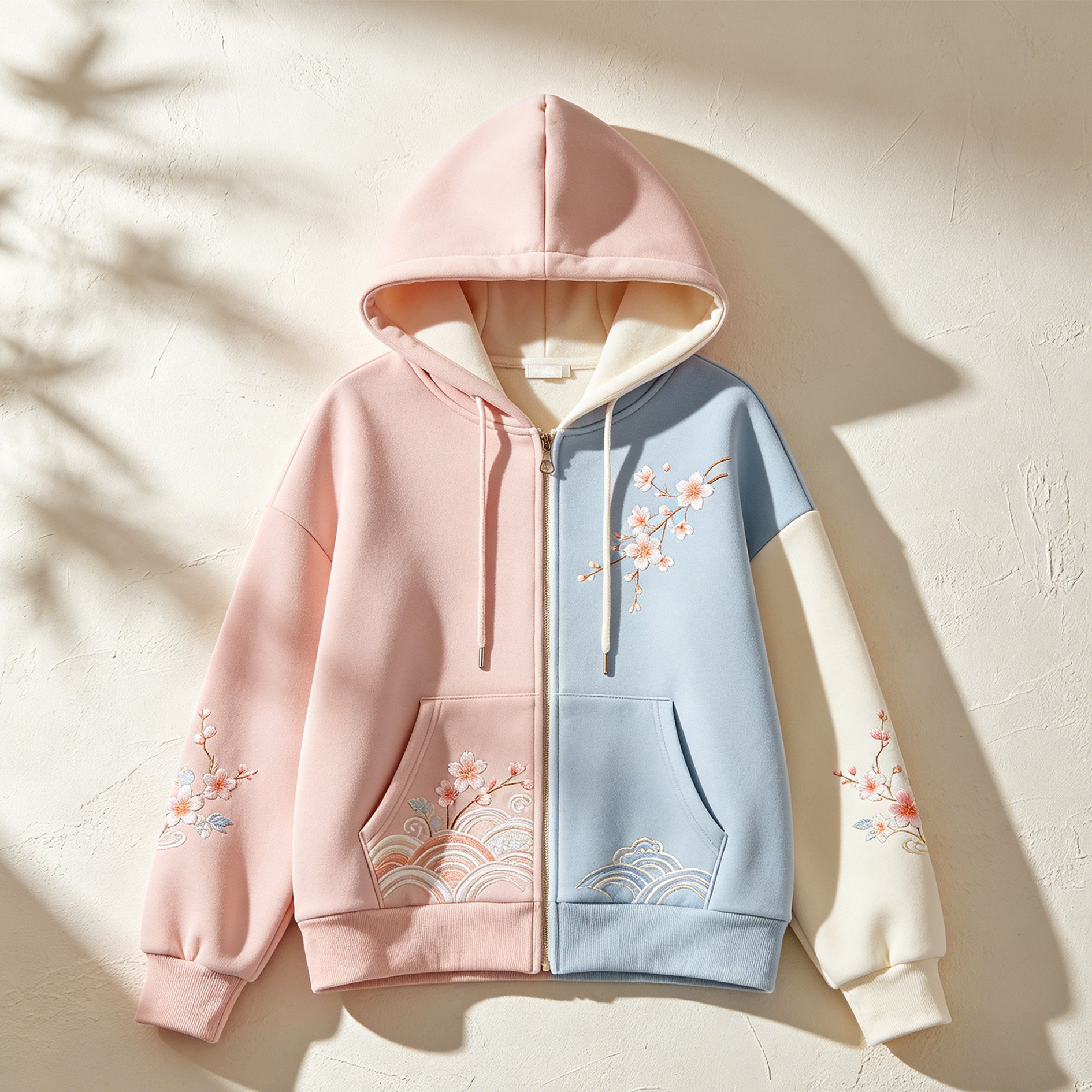 春のピンクとブルーの桜柄カーディガン