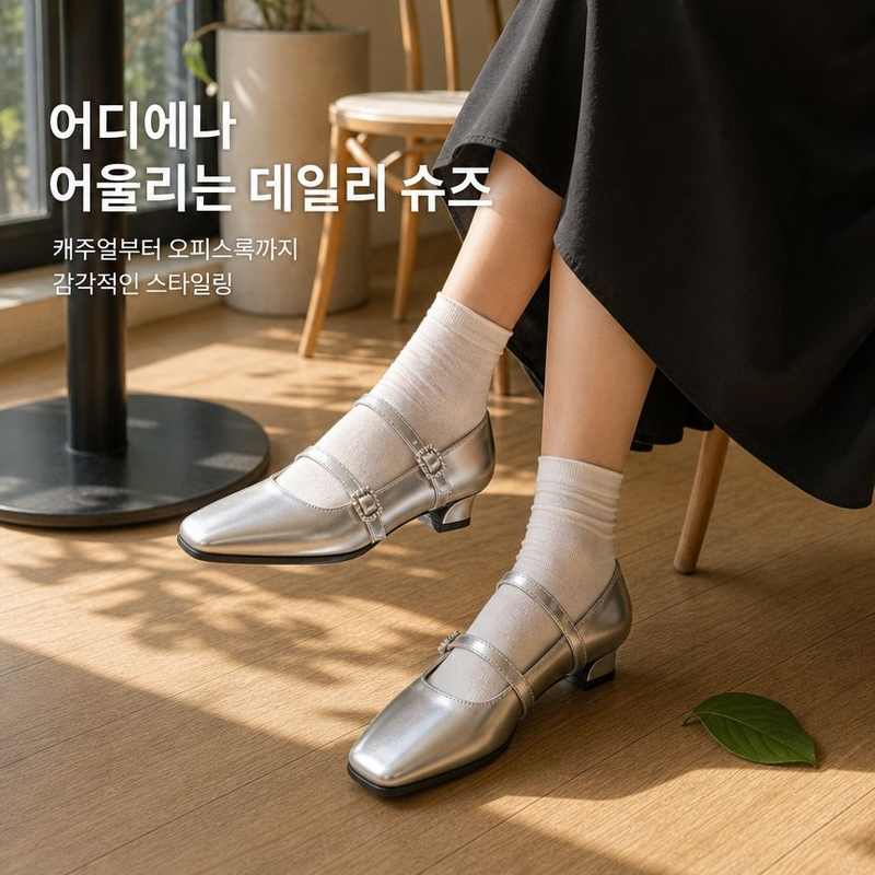 두꺼운 굽의 스퀘어 토 실버 메리 제인 슈즈