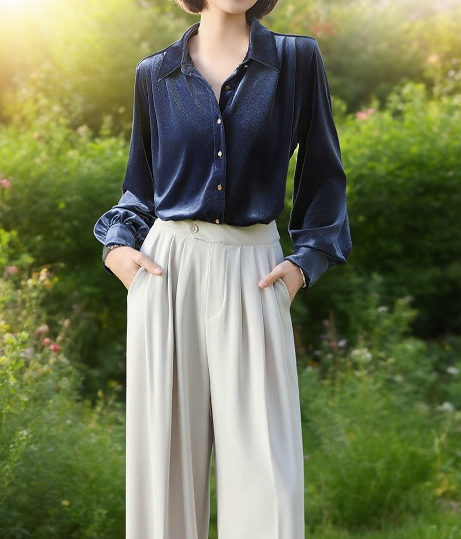 여성 벨벳 네이비 셔츠의 고급스러운 질감