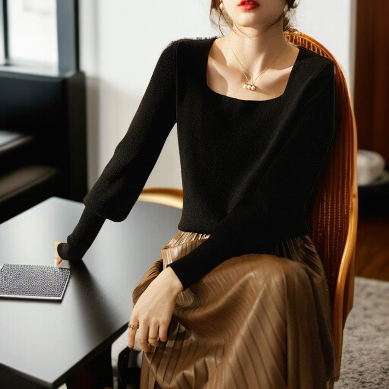 ジャンパー女性気質ニットボトムシャツスクエアネックランタンスリーブニットウェアエレガントなインナートップス