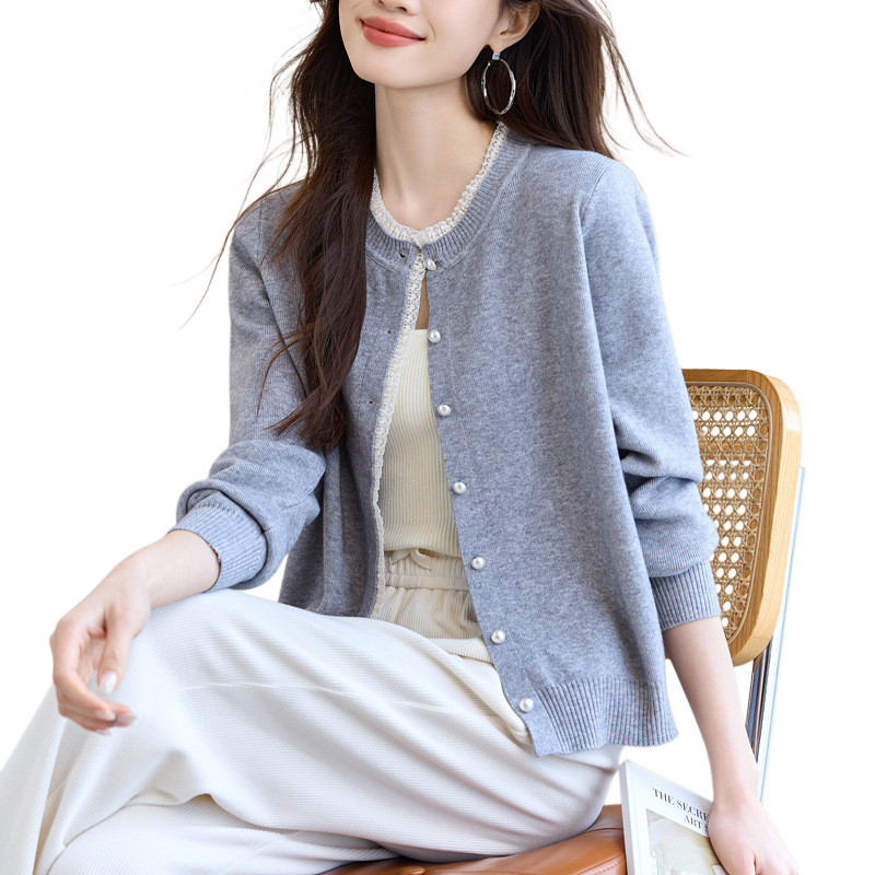여성 그레이 니트 가디건 아우터 무드 상의 레이스 긴팔 니트