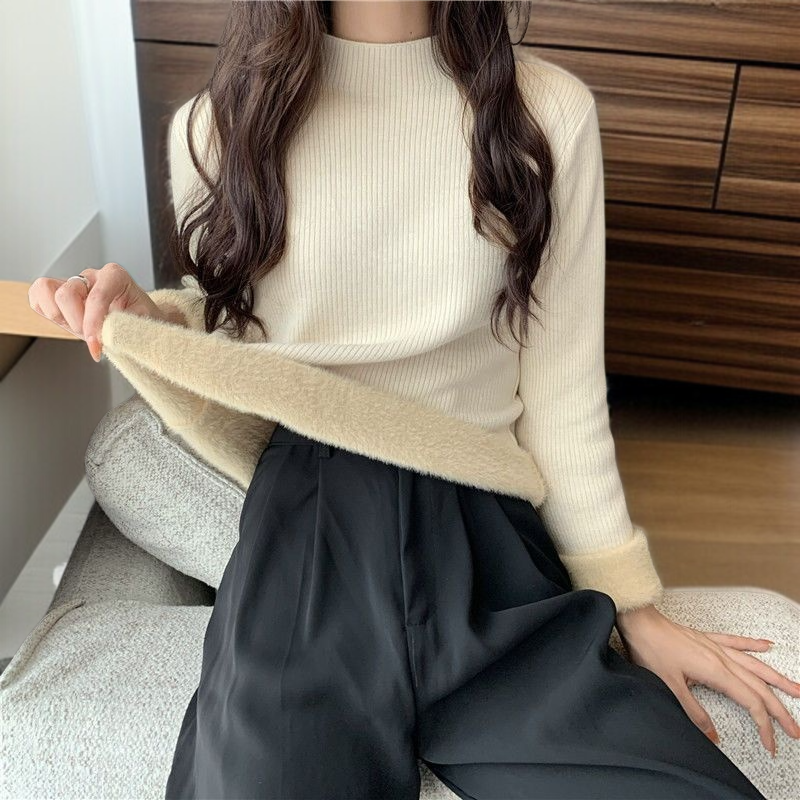中わた入り厚手ニットレディース長袖ワンピースフリーストップス秋冬ボトムスシャツハーフハイネックニットソー
