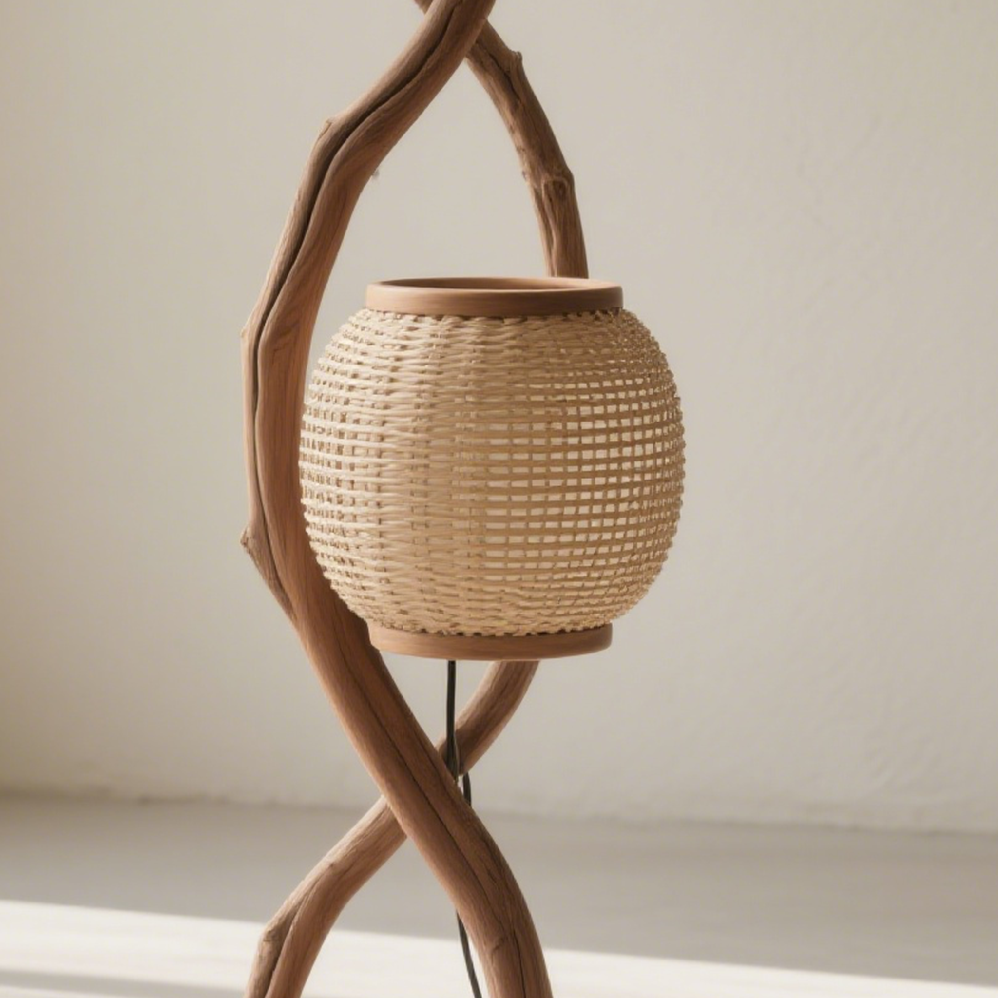 โคมไฟตั้งพื้นหวายสานวางในห้องนั่งเล่น