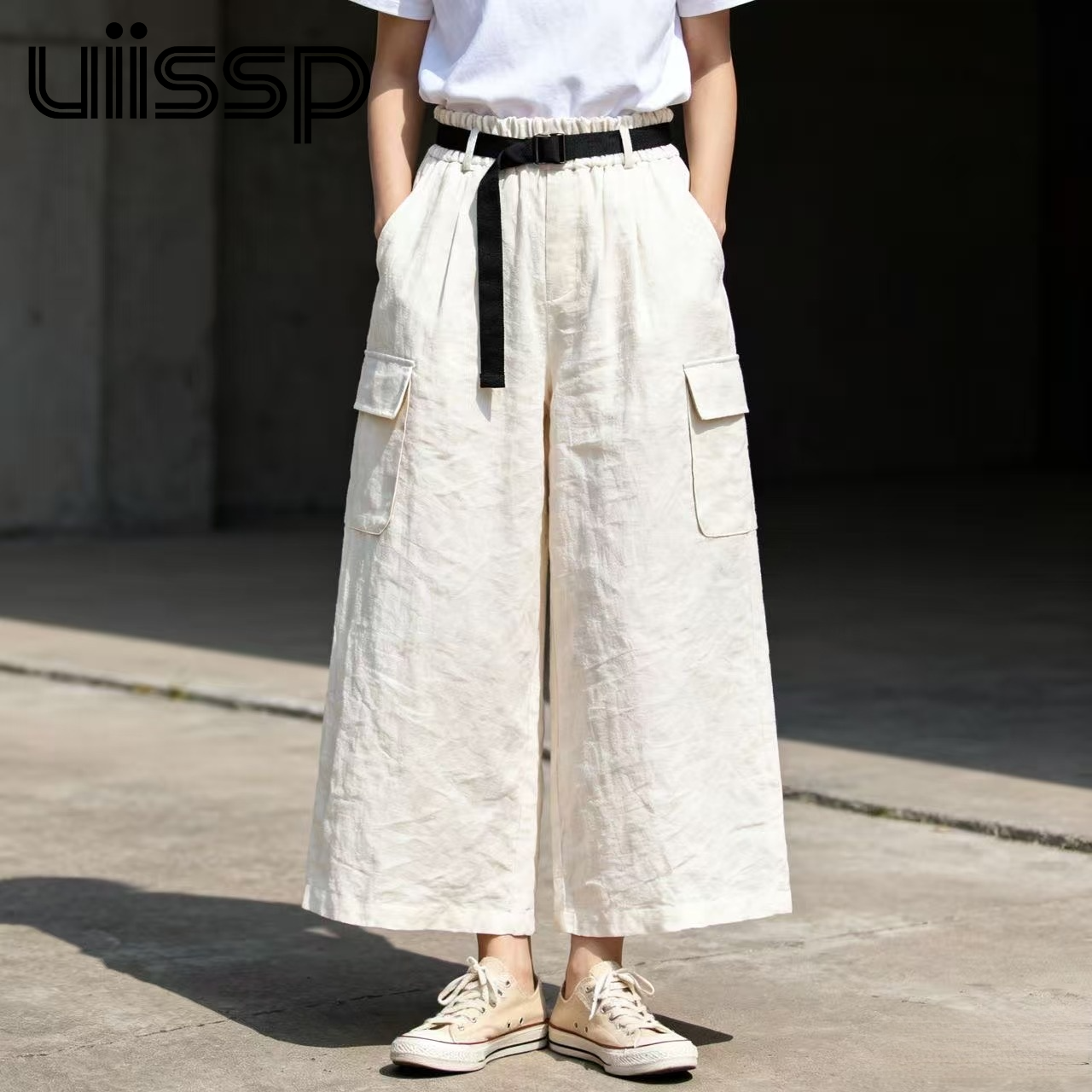 화이트 루즈핏 슬리밍 스트레이트 레그 크롭 와이드 레그 팬츠