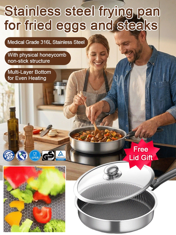 【Includes a lid】Pro Hybrid Stainless Steel Honeycomb Skillet❤️Scratch Resistant Non Stick
