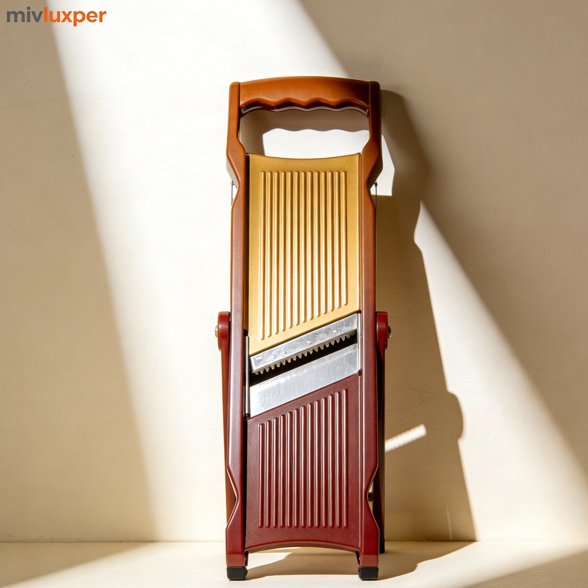 Cortadora de fiambres plegable en uso sobre mesa