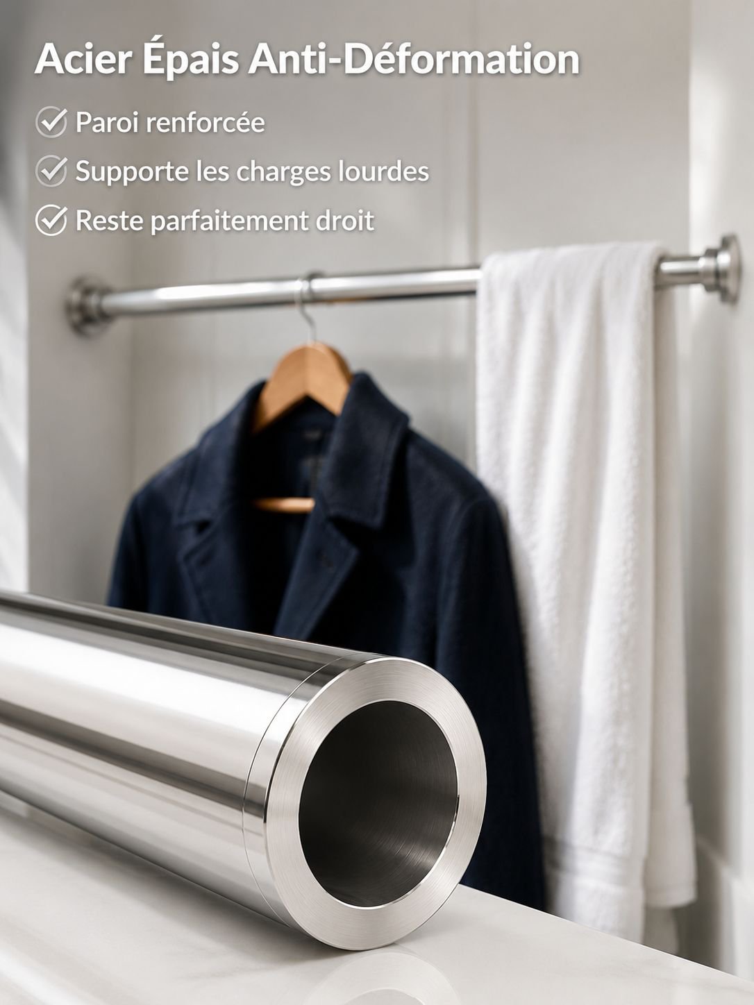 Barre de séchage à linge télescopique en acier inoxydable sans perçage, barre de rideau de douche, b