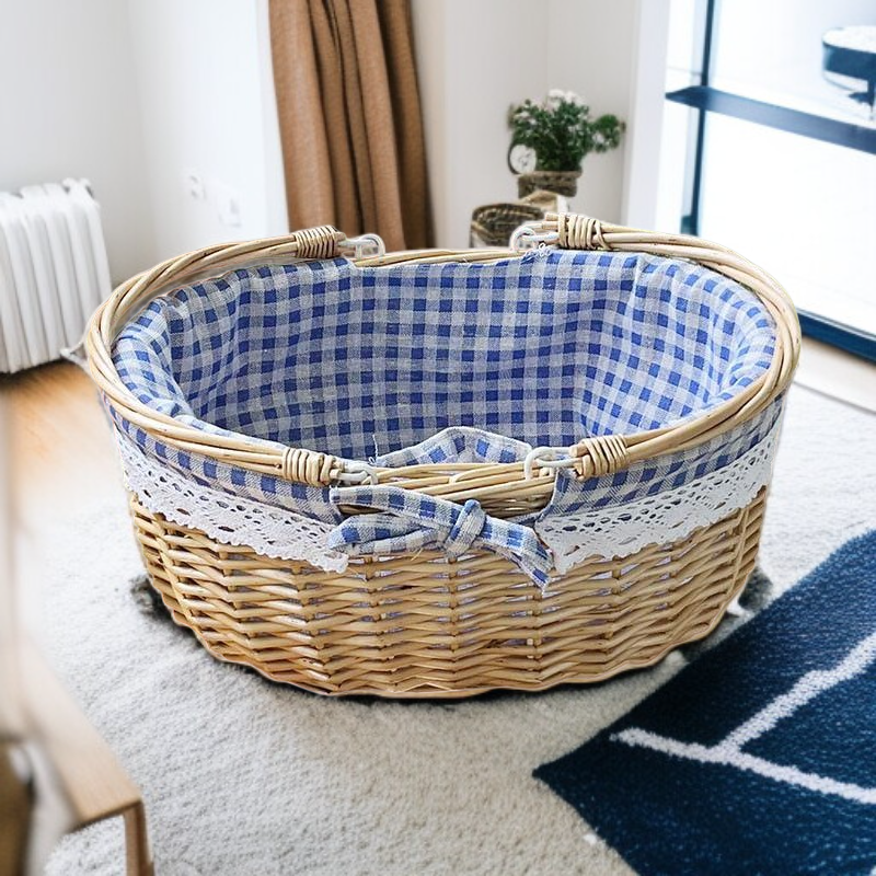 ダブルハンドルのリネンウィッカー製ピクニックバスケット