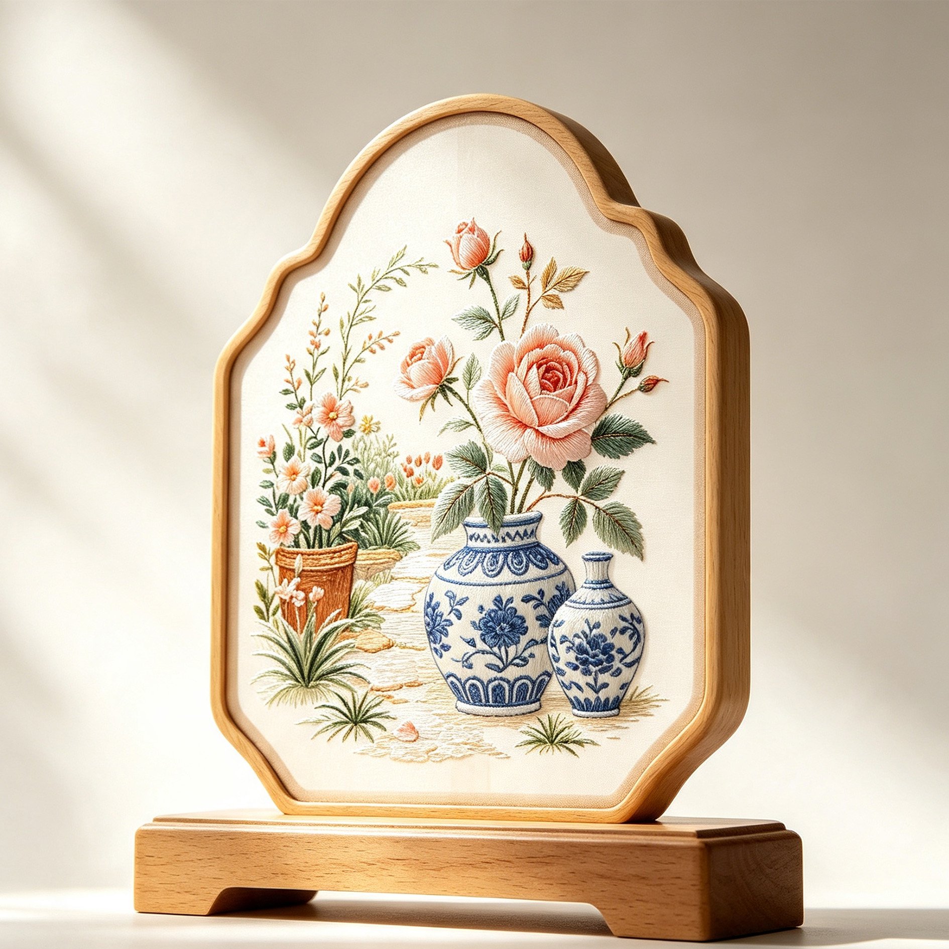 Blue and white embroidered screen