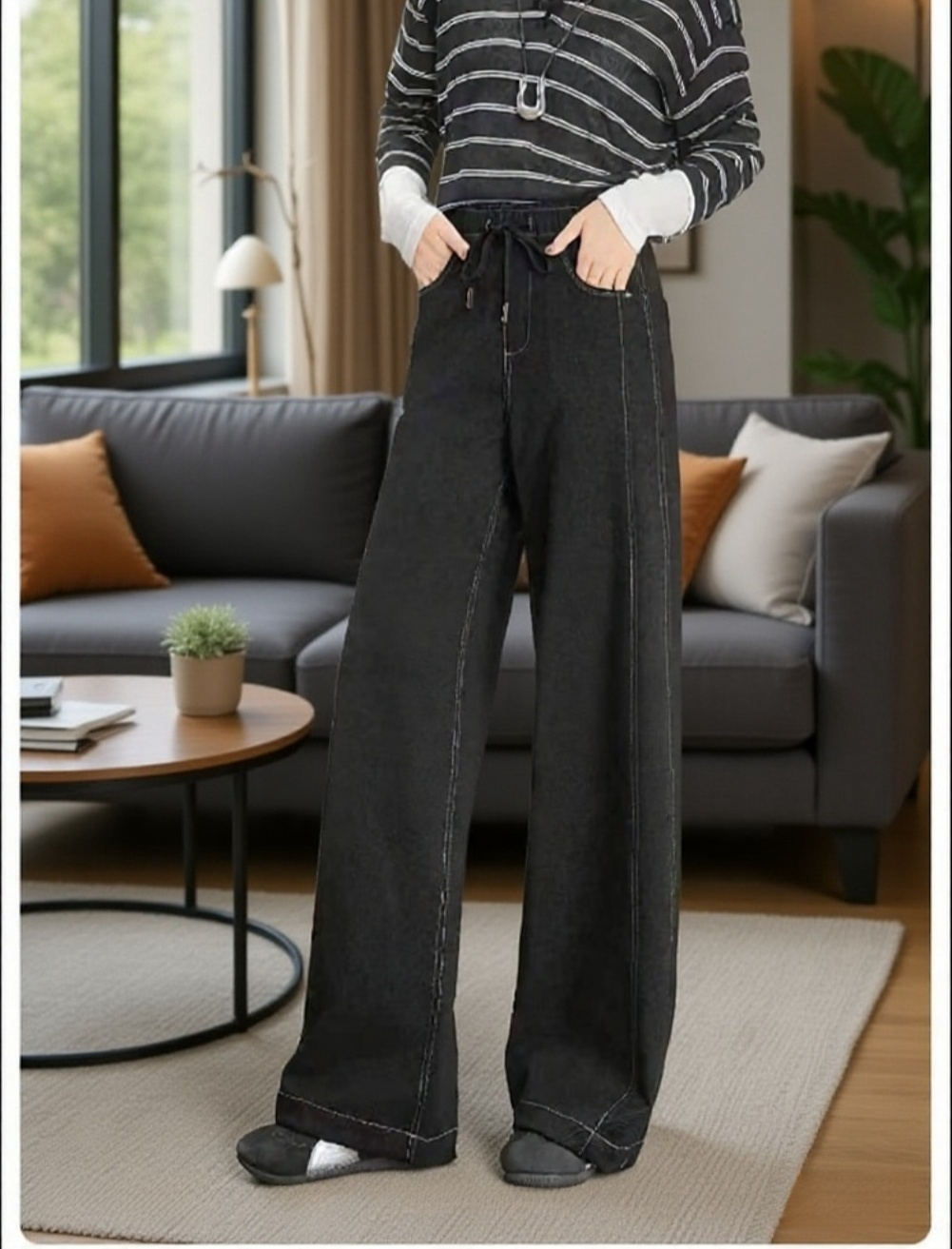 니트 소재 와이드 데님 팬츠 전신컷