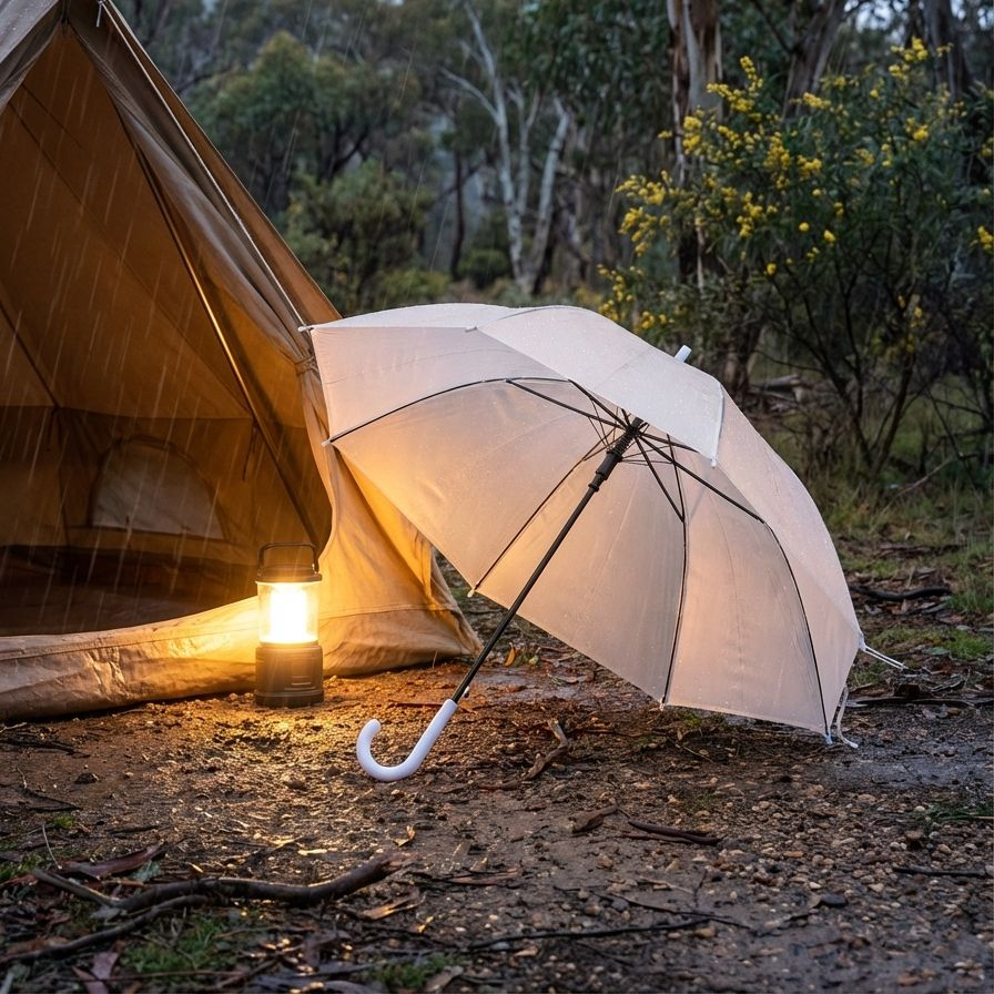 おしゃれなデザインの透明傘と街並み