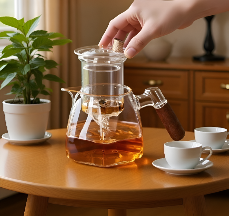 Teesieb aus Glas in einer Tasse mit heißem Wasser