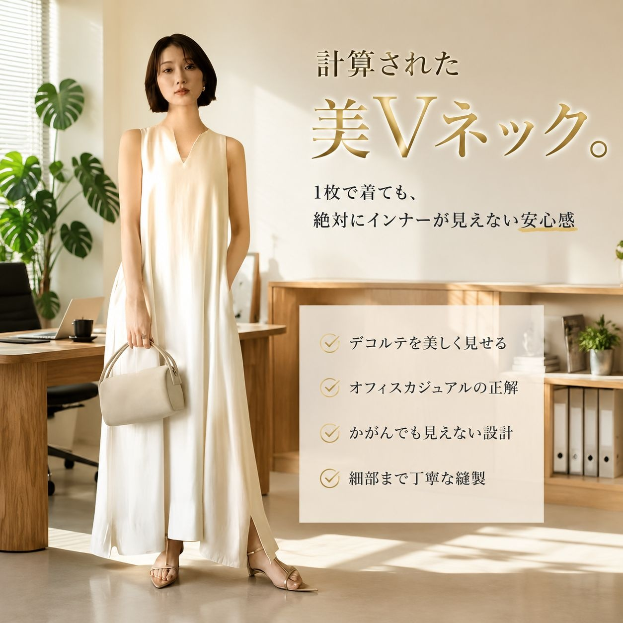 夏用韓日風無地Vネック森ガールロングシルクリネンドレス