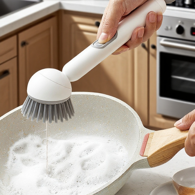 Töpfenbürste mit langem Griff und Reinigungsflüssigkeit