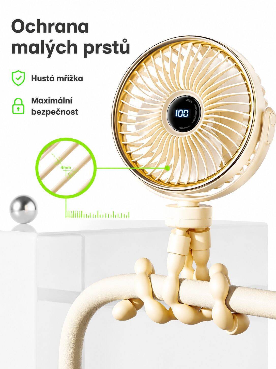 Detailní pohled na ventilátor chobotnice s flexibilními nohami
